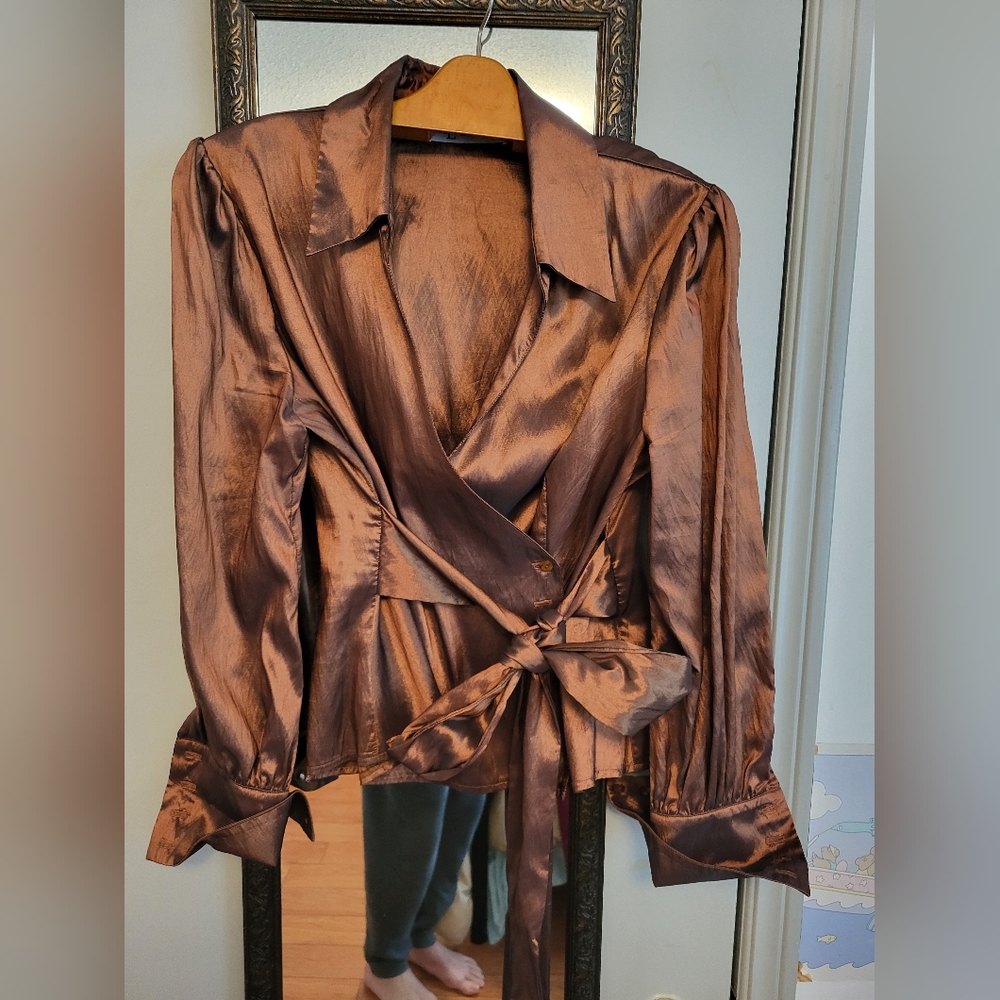 Chic Satin Wrap Blouse in Rich Brown